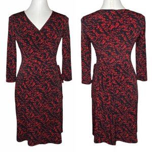 Evan Picone Dress Black and Red Long Sleeve V Neck & Gathering Detail Size 12